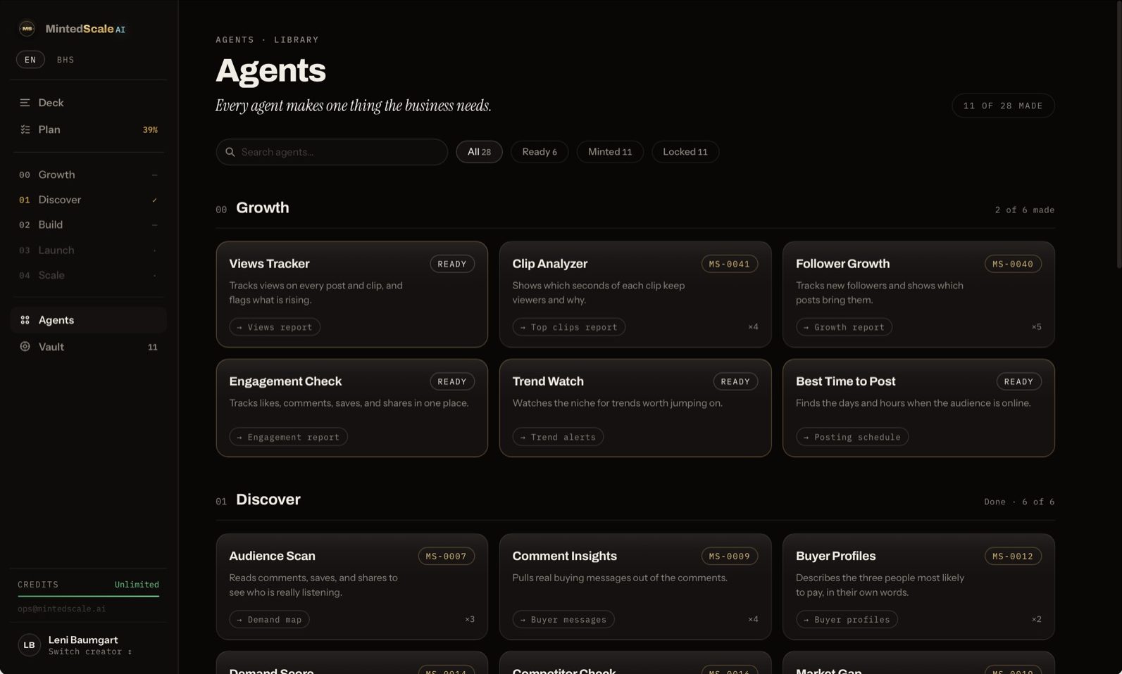 Agents — twenty-eight of them, grouped by stage, each producing one artifact